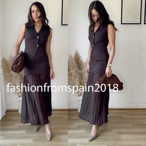 Zara Brown Pleated Maxi Skirt + Brown Vest - Picture 6 of 6